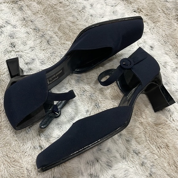 [8.5] Vintage Stuart Weitzman Square Toe Ankle Strap Heel | in Rich Navy Blue - Picture 2 of 13